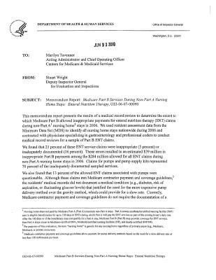 Read Online Memorandum Report: Medicare Part B Services During Non-Part a Nursing Home Stays: Enteral Nutrition Therapy. - Office of the Investigator General file in PDF